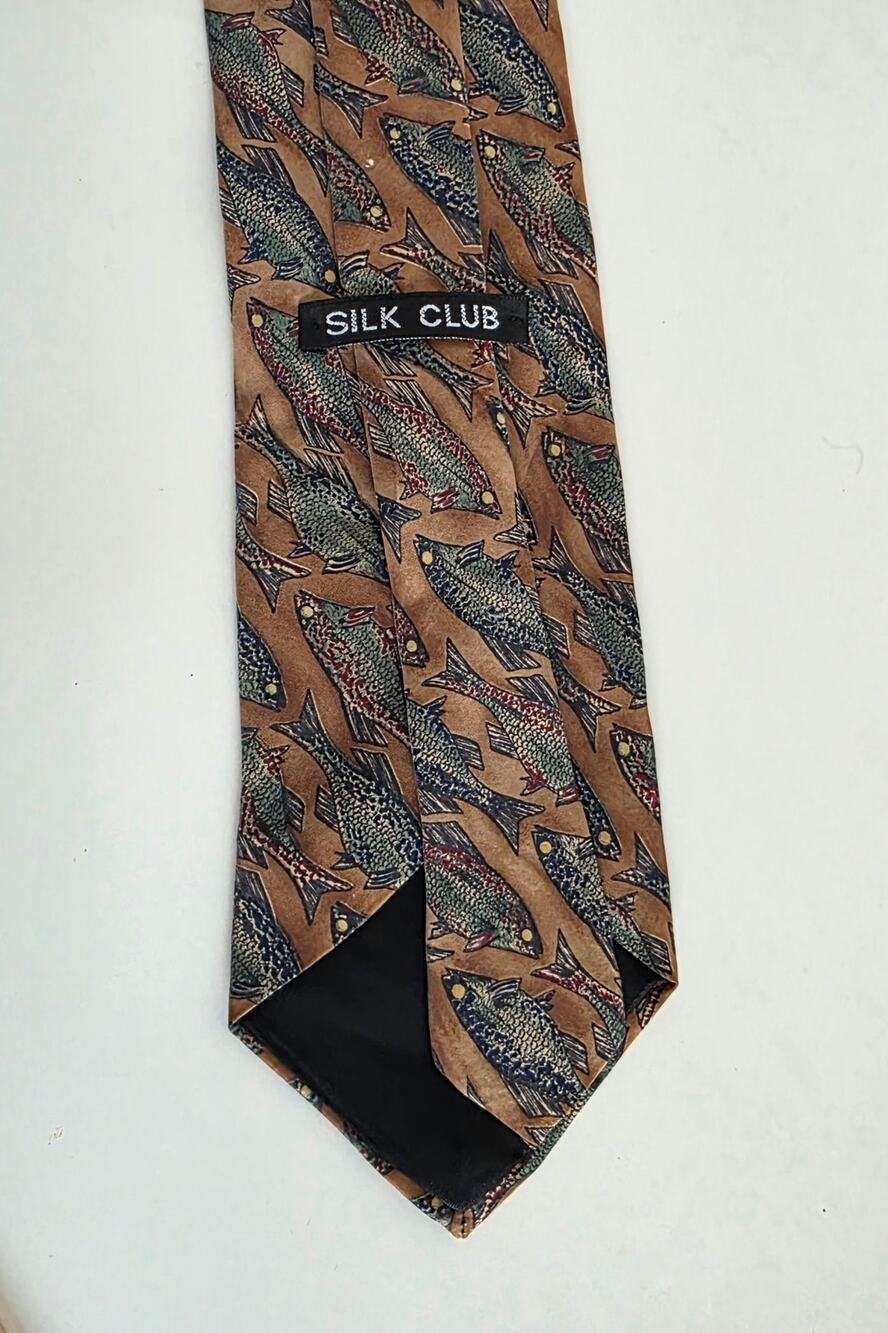 Silk Club Fish Print Silk Necktie Brown Fishing Novelty Men's Tie